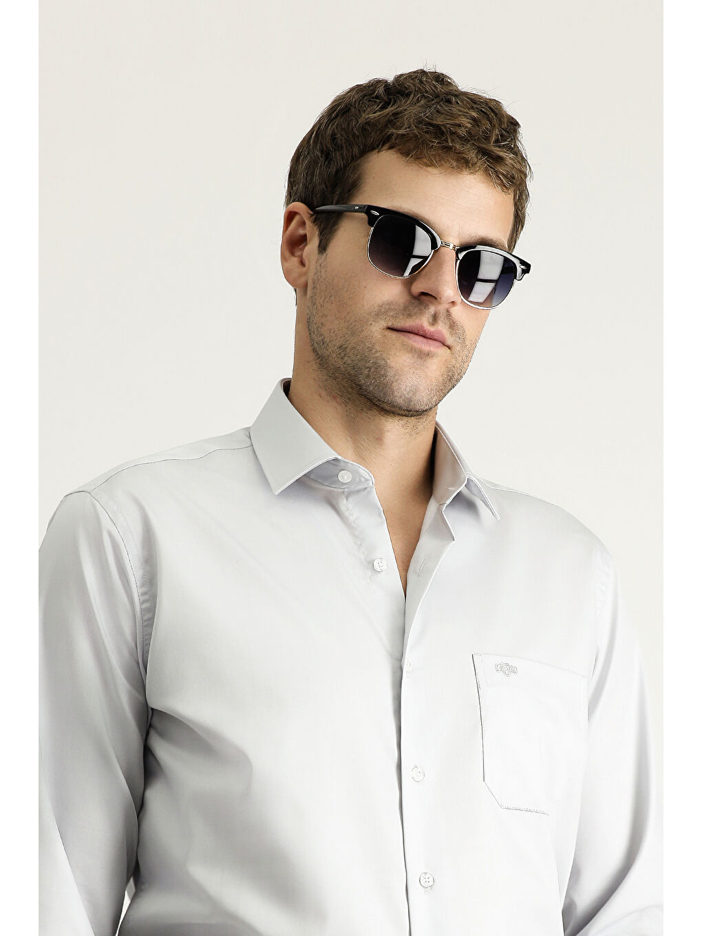 Gri Uzun Kol Non Iron Saten Klasik Pamuklu Gömlek-1