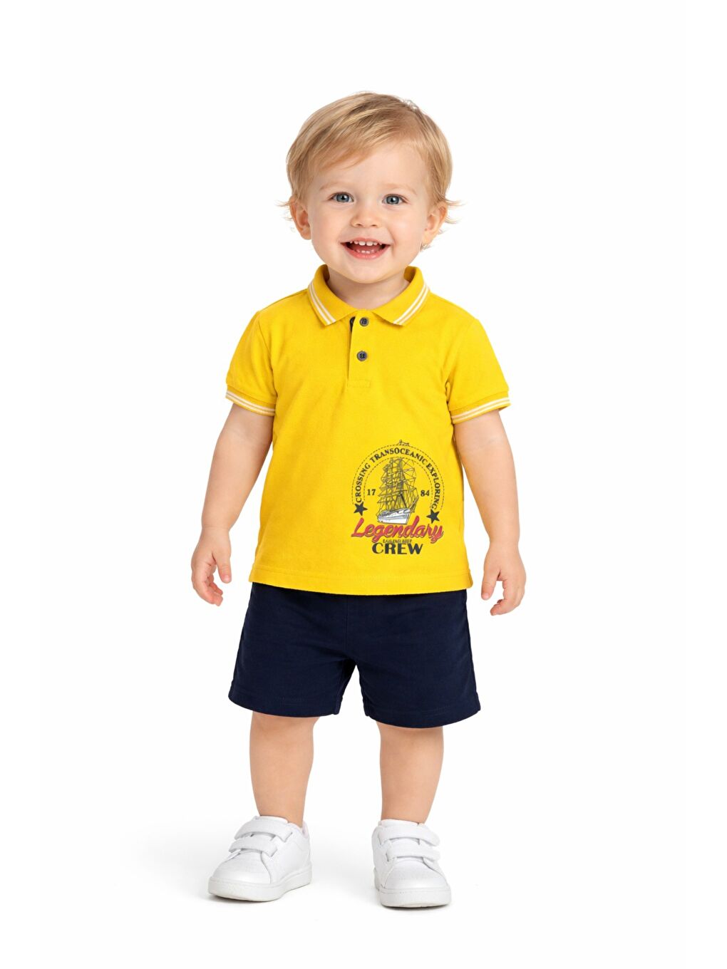 Sarı Erkek Bebek Polo Yaka Baskılı Tshirt Şort Yazlık Takım