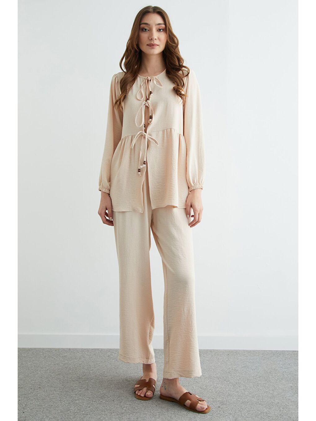 Bej Fullamodest Önü Bağlamalı Ayrobin Kimono 2 Li Takım