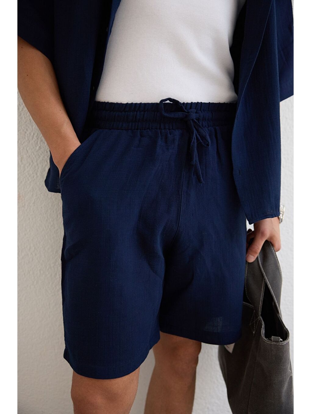 Lacivert Xar Erkek Oversize Müslin Şort Gömlek Takım %100 Pamuk Soft Feel-1