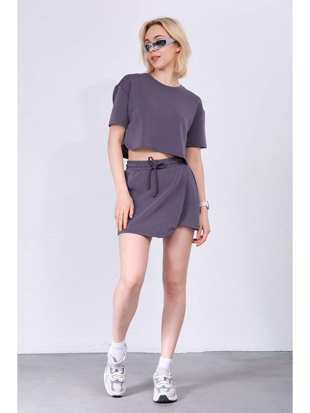 Antrasit Modal Karışımlı Çift Görünümlü Şort Etek – Beli Lastikli Ve Bağcıklı, Örme Kadın Skort @treviso-6