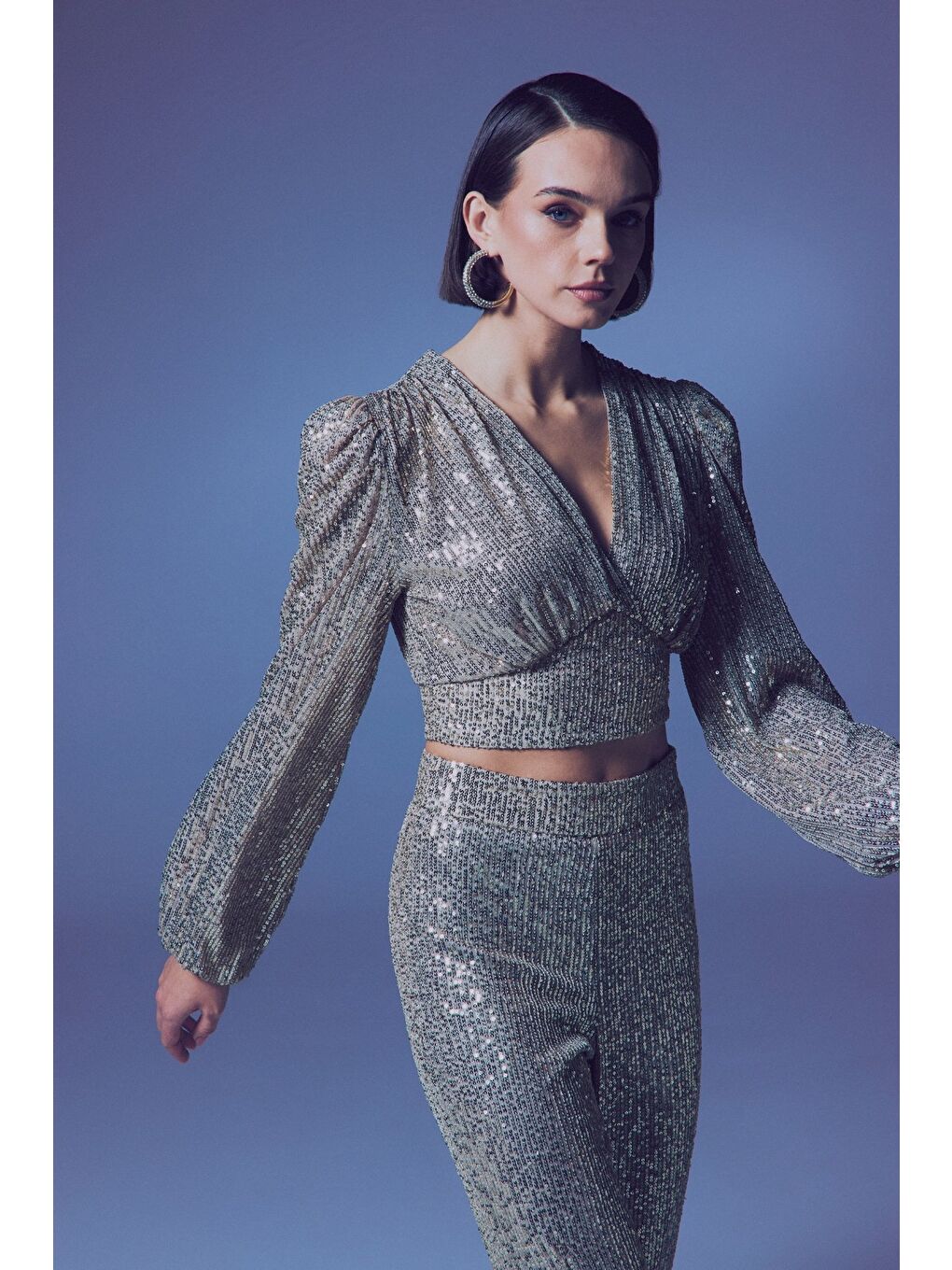 Kruvaze Payetli Crop Bluz - Bej-1