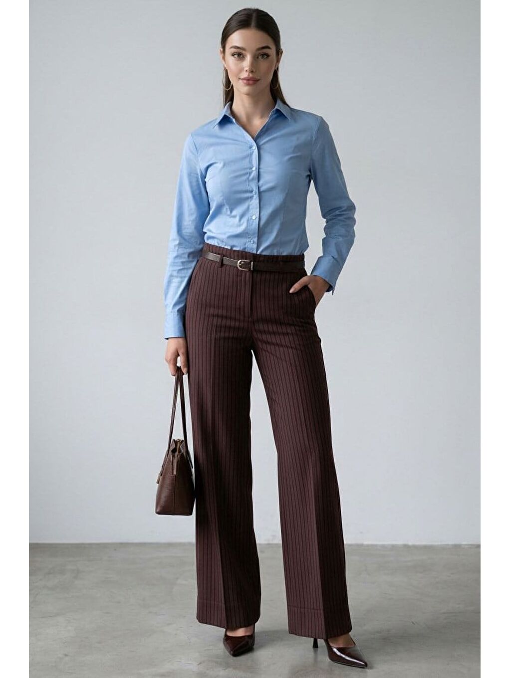 Kahverengi Çizgili Geniş Paça Normal Bel Kemerli Pantolon Mg2735-3