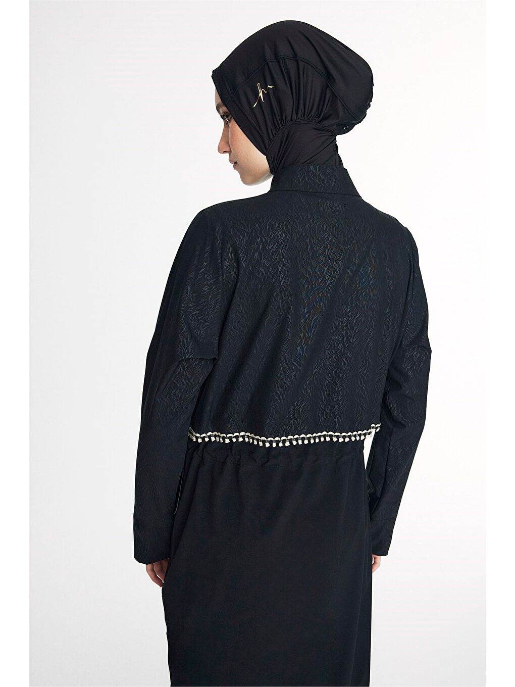 Vaha Koleksiyonu Dokulu Kumaş Siyah Tam Boy 5 Parça Tam Tesettür Mayo Takımı 5084-8