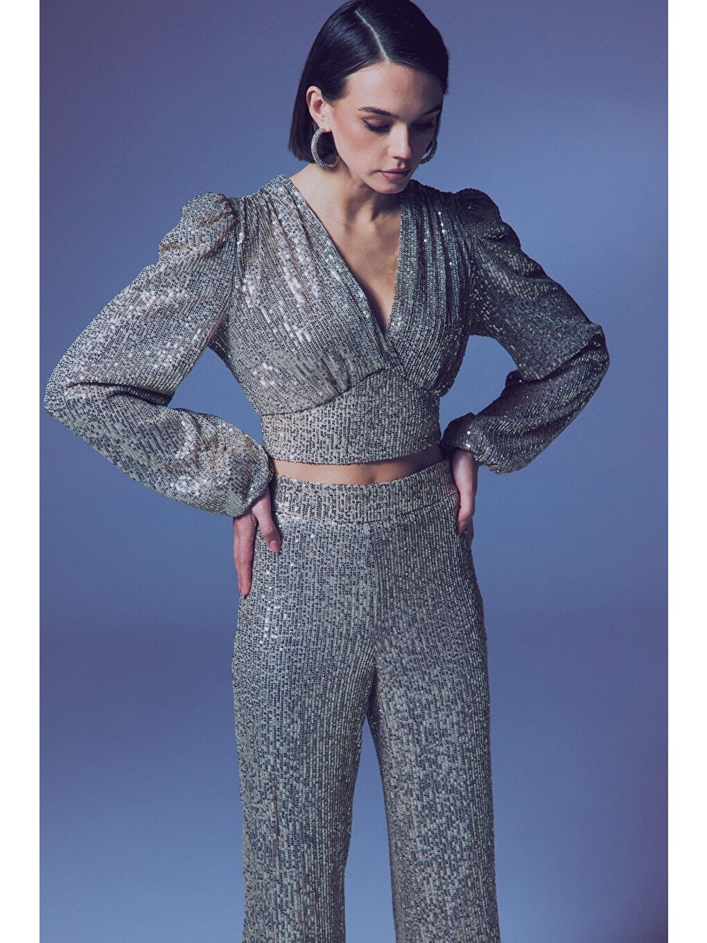 Kruvaze Payetli Crop Bluz - Bej-2