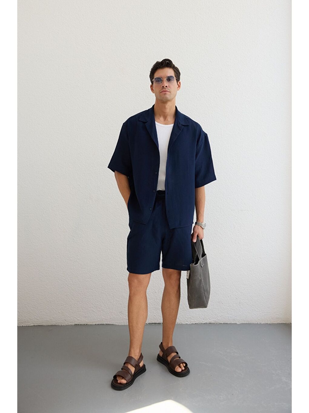 Lacivert Xar Erkek Oversize Müslin Şort Gömlek Takım %100 Pamuk Soft Feel-2