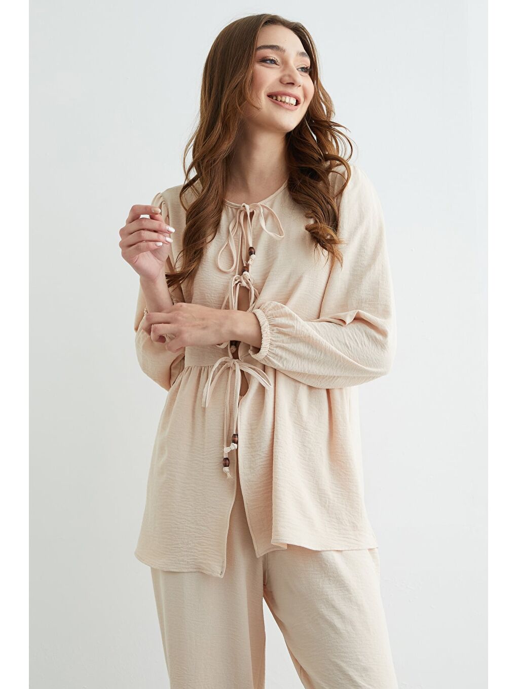 Bej Fullamodest Önü Bağlamalı Ayrobin Kimono 2 Li Takım-2