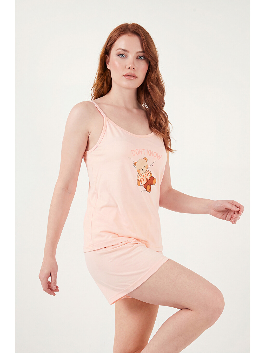 Pembe Yumuşak Dokulu Baskılı İp Askılı Şortlu Pijama Takımı 65750124-2