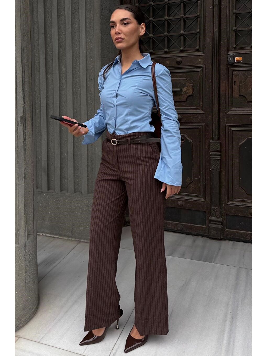 Kahverengi Çizgili Geniş Paça Normal Bel Kemerli Pantolon Mg2735-5