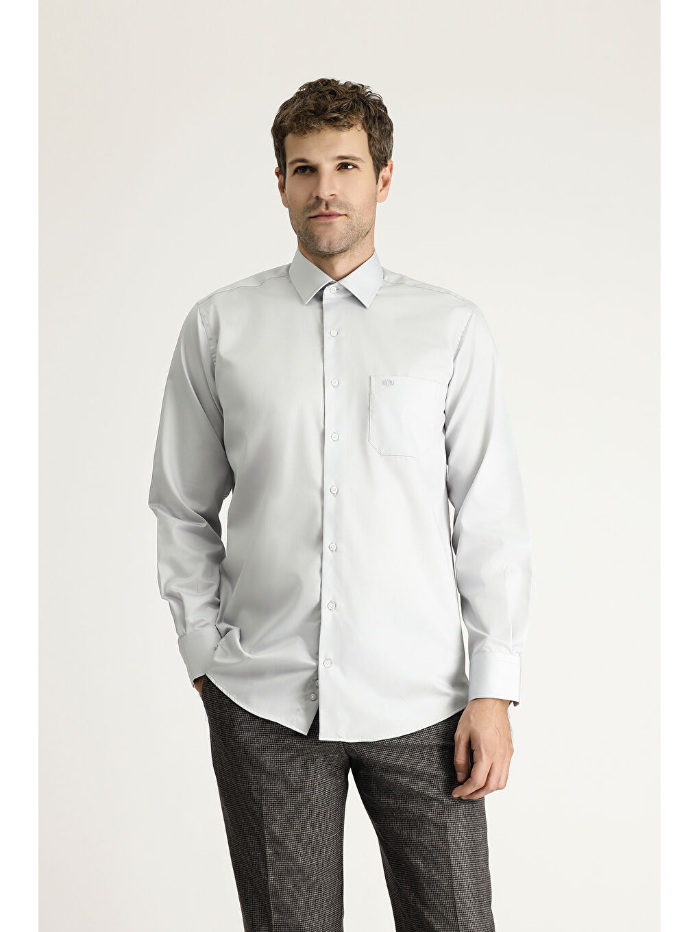 Gri Uzun Kol Non Iron Saten Klasik Pamuklu Gömlek-2