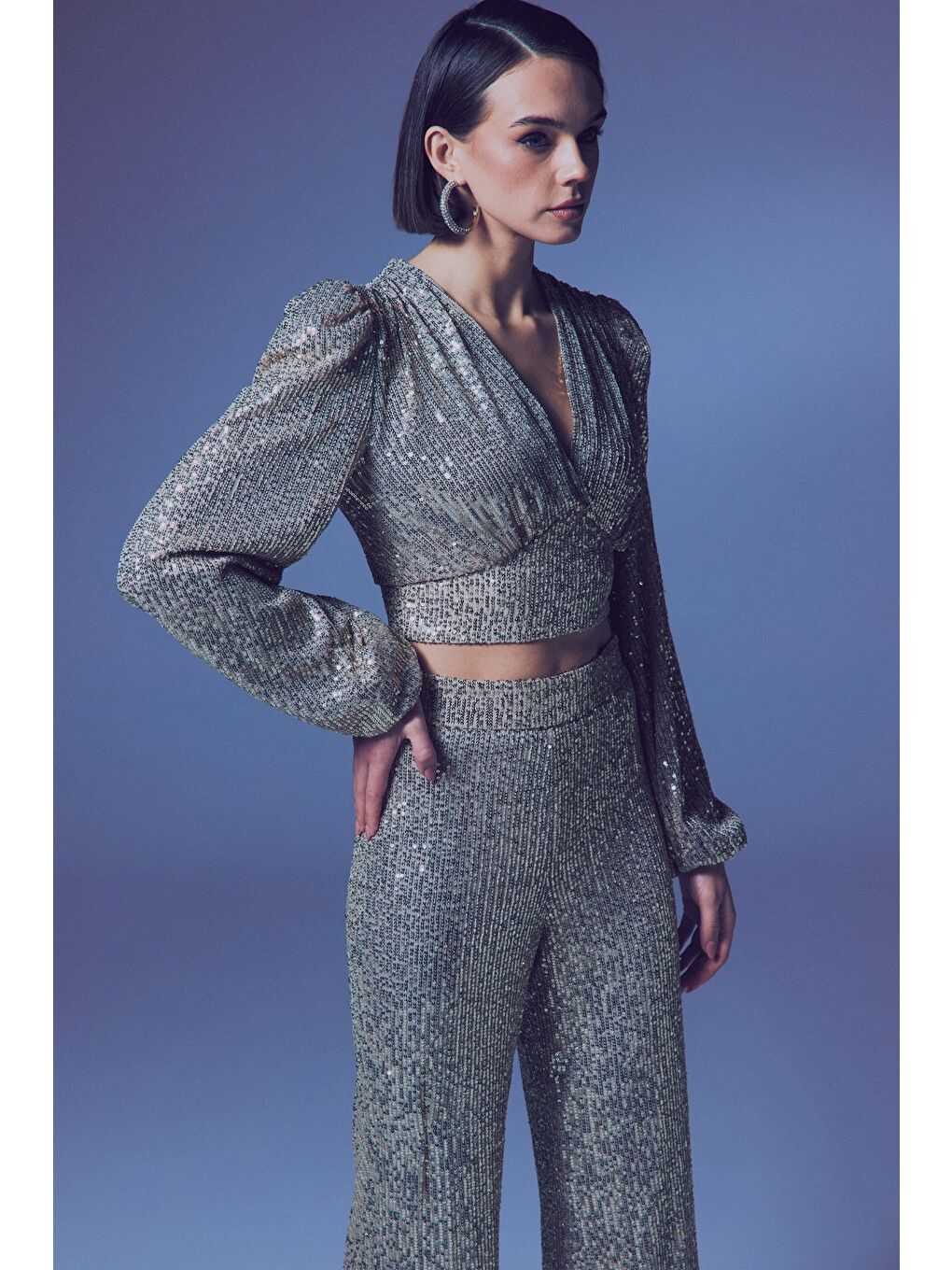 Kruvaze Payetli Crop Bluz - Bej-3