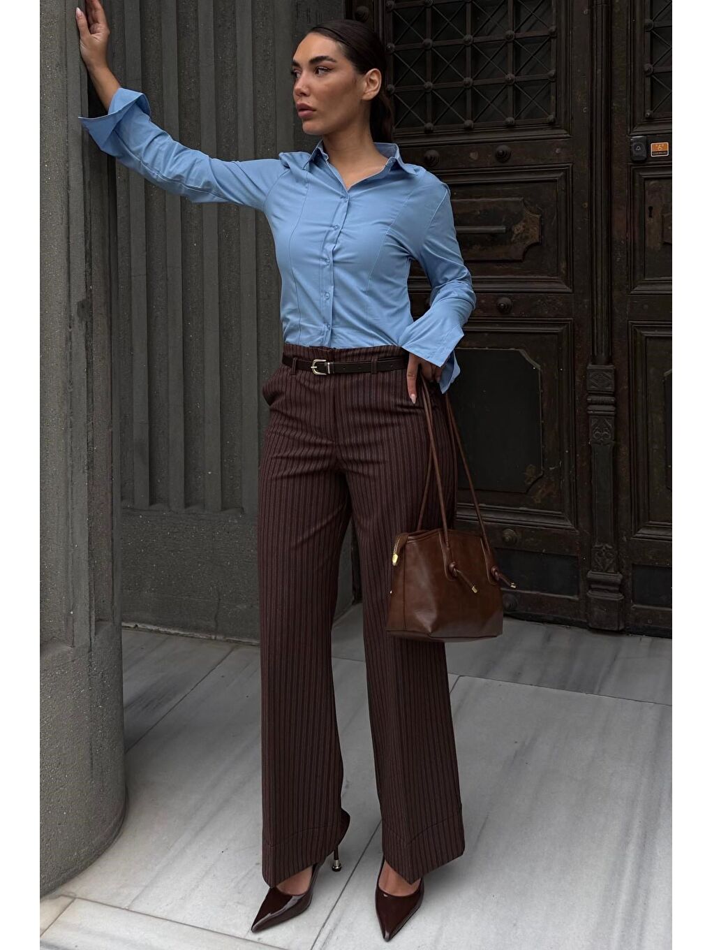 Kahverengi Çizgili Geniş Paça Normal Bel Kemerli Pantolon Mg2735-6