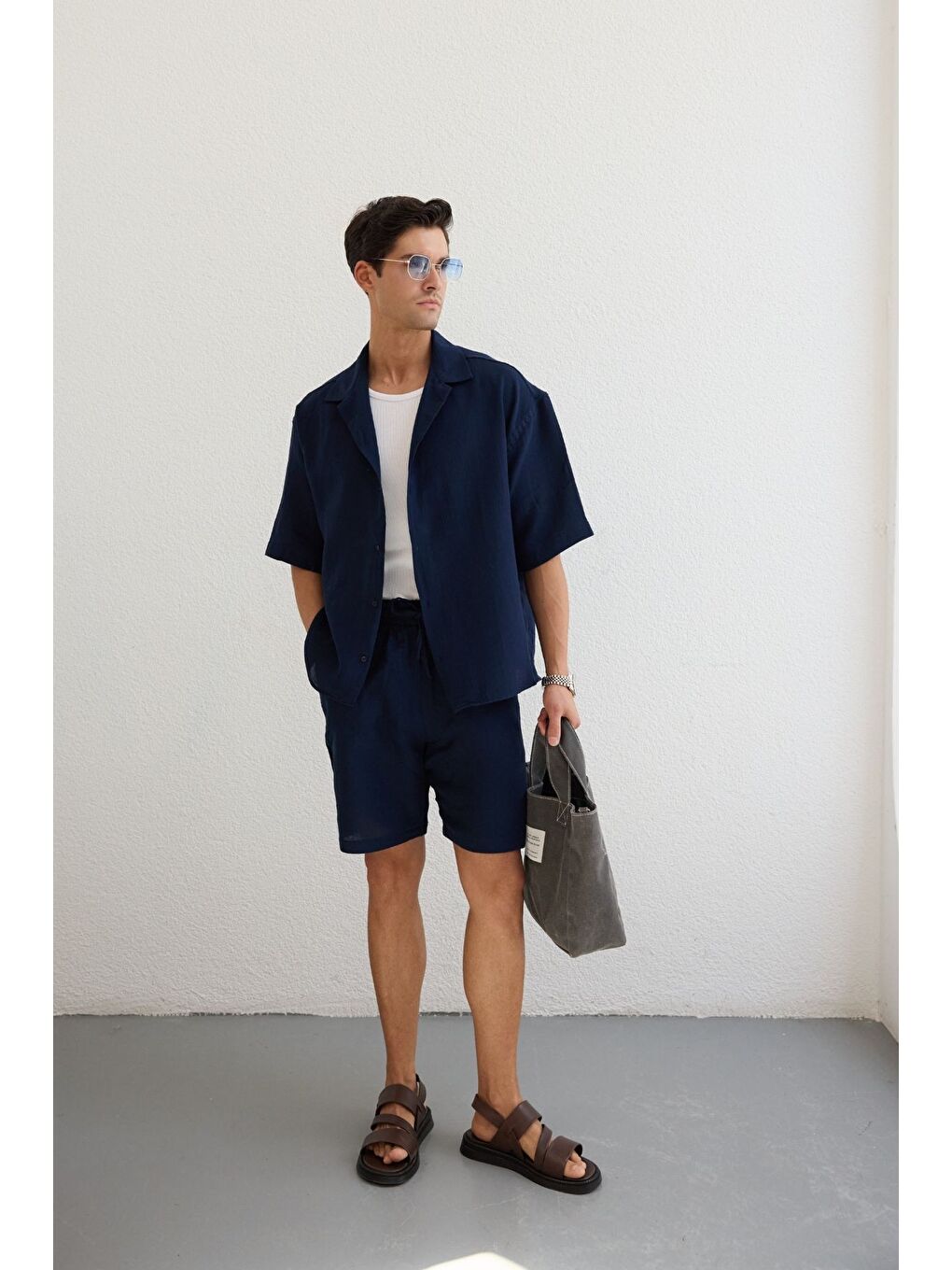 Lacivert Xar Erkek Oversize Müslin Şort Gömlek Takım %100 Pamuk Soft Feel-3