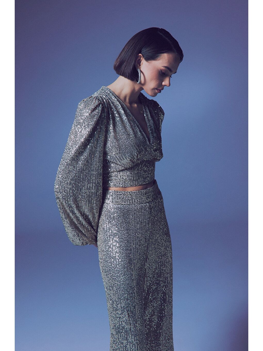 Kruvaze Payetli Crop Bluz - Bej-4