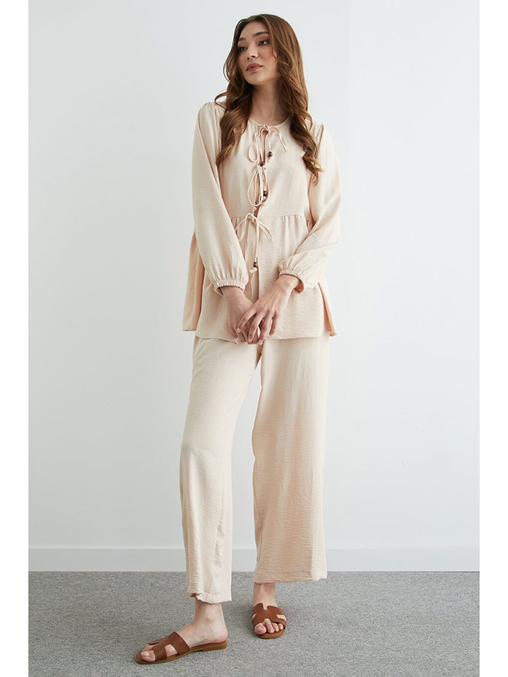 Bej Fullamodest Önü Bağlamalı Ayrobin Kimono 2 Li Takım-4