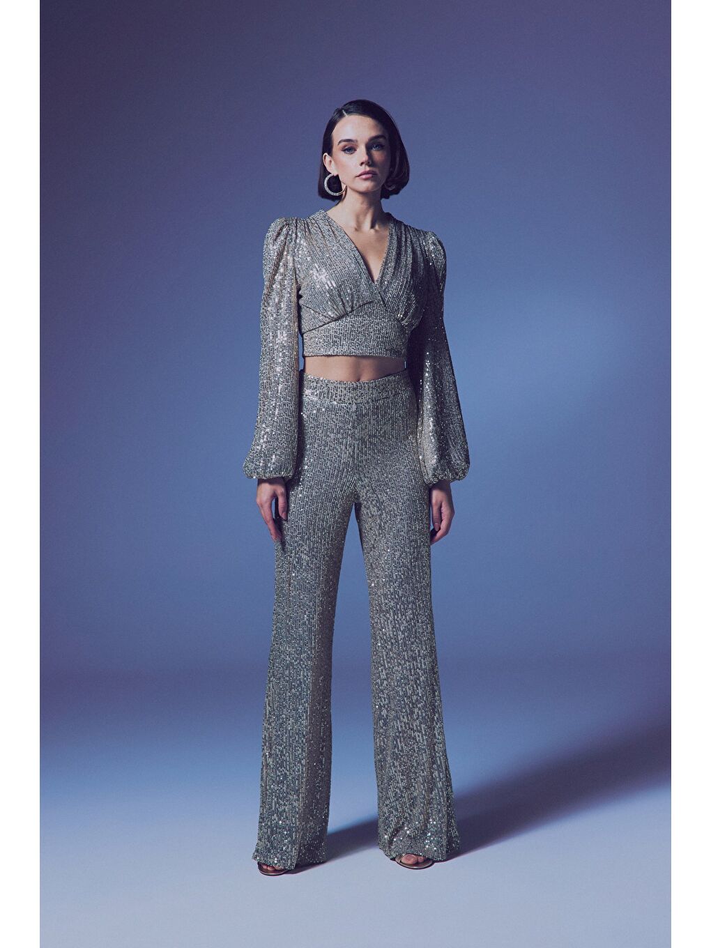 Kruvaze Payetli Crop Bluz - Bej-5