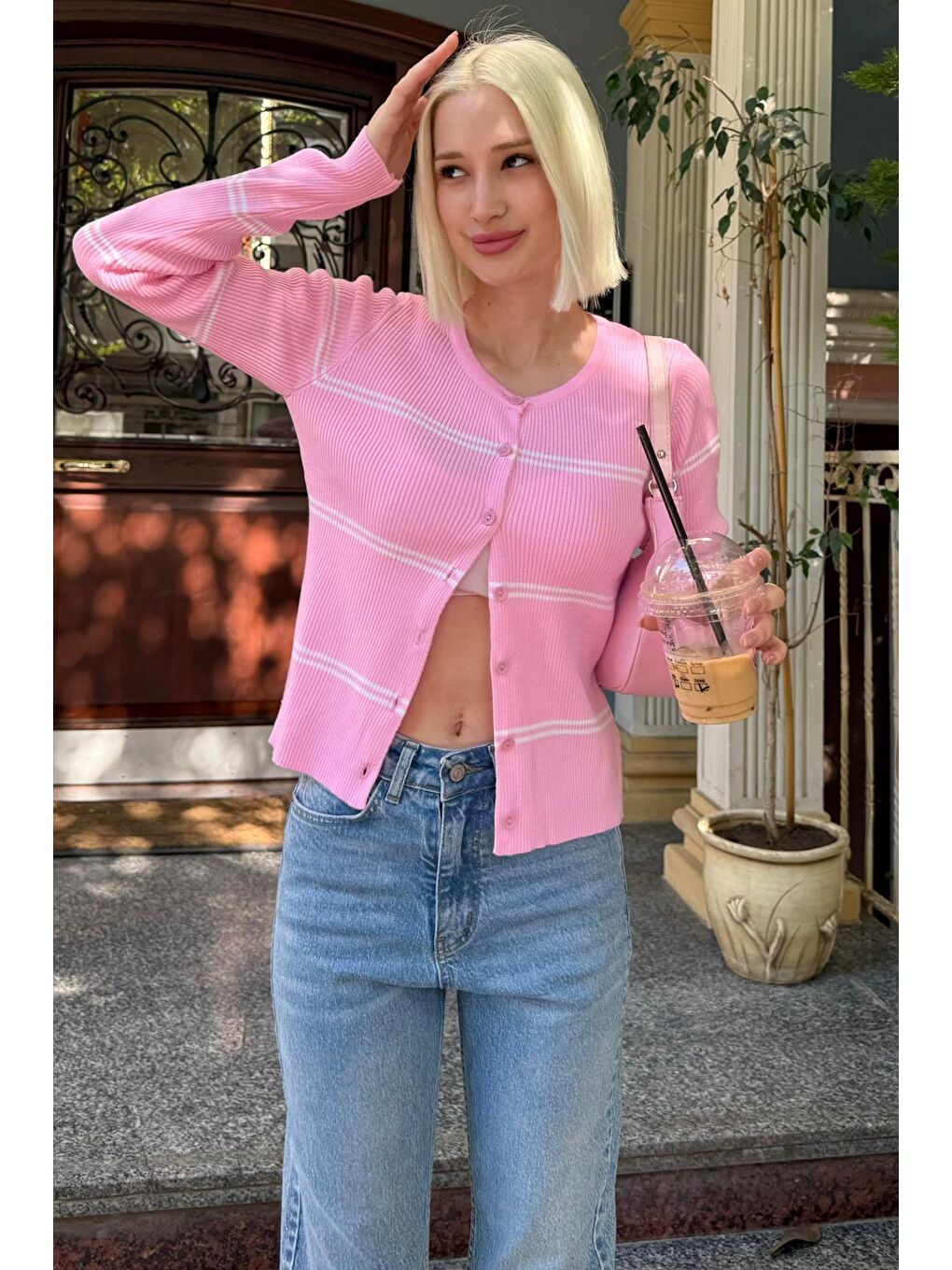 Pembe Çizgili Kadın Triko Hırka Mg2481