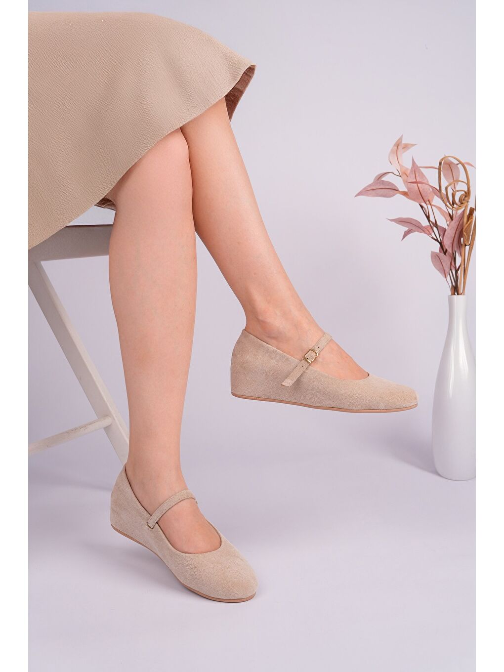 Bej BERNY Gizli Topuklu Deri Tek Bantlı Kadın Babet-3