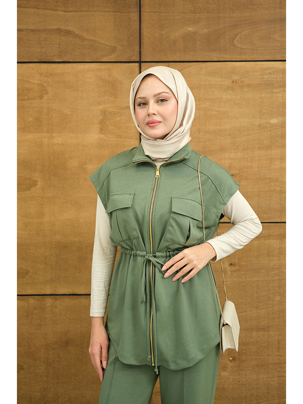 Kadın Beli Ayarlanabilir Gold Fermuar Detay Yelekli Takım Haki Yeşil-4