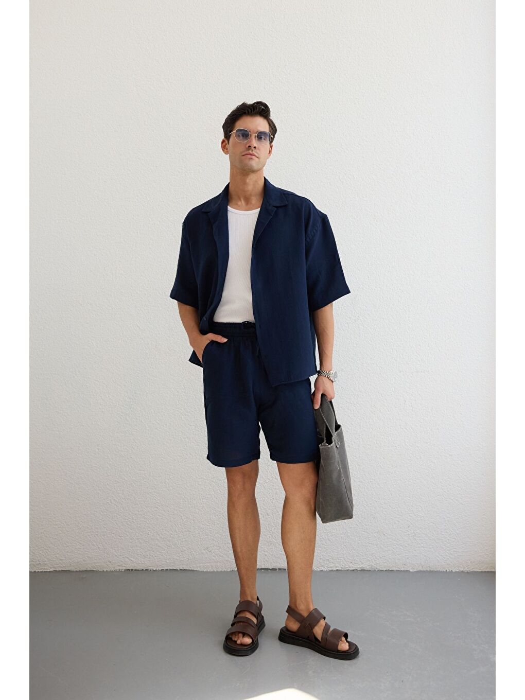 Lacivert Xar Erkek Oversize Müslin Şort Gömlek Takım %100 Pamuk Soft Feel-4