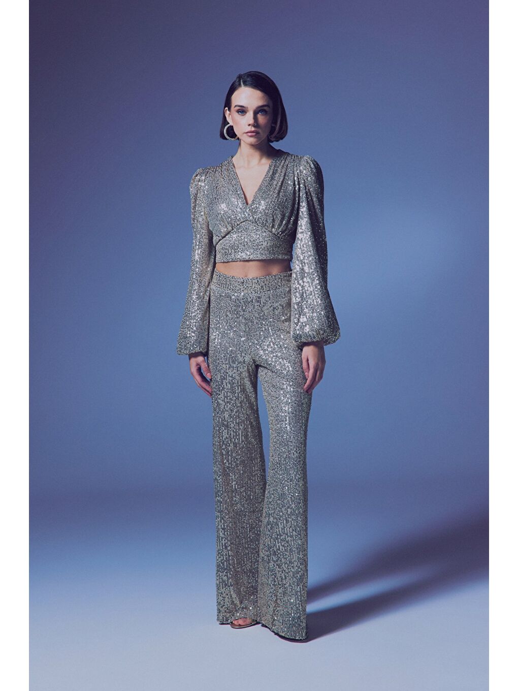 Kruvaze Payetli Crop Bluz - Bej-6