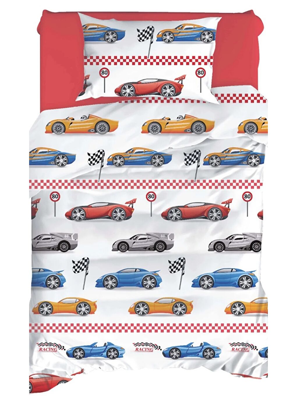 Tek Kişilik Pamuklu Nevresim Takımı 3 Parça Nascar Desenli Kırmızı Yumuşak Dokulu