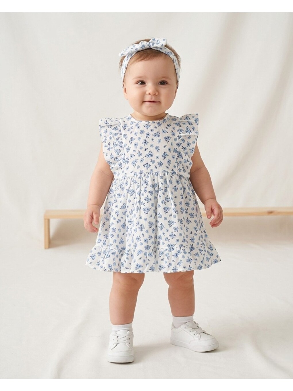 Mavi Kız Bebek Yazlık Bandanalı Çiçek Baskılı Müslin Elbise, 6-9-12-18-24 Aylık Bayramlık Keten Elbise-1