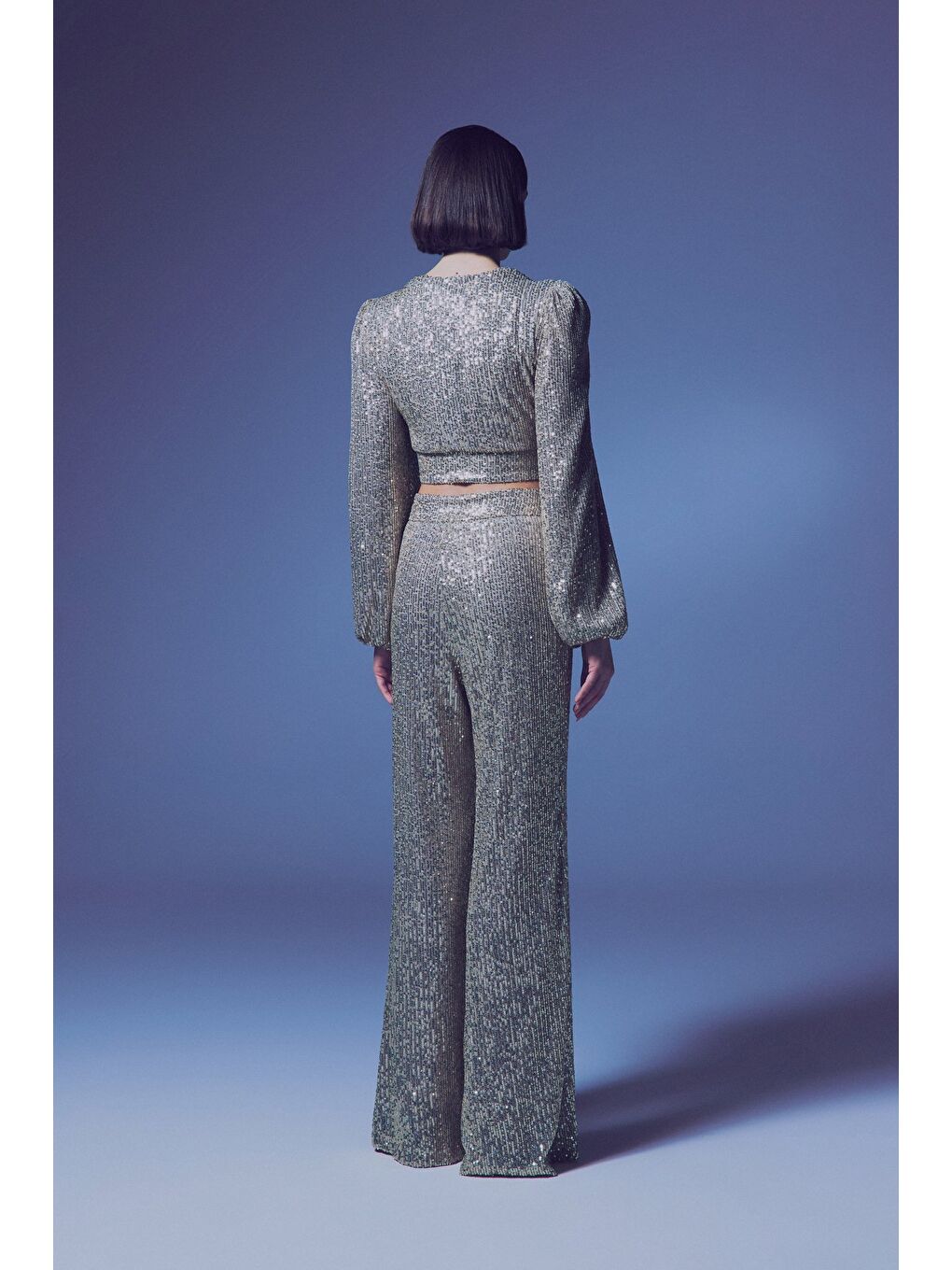 Kruvaze Payetli Crop Bluz - Bej-7