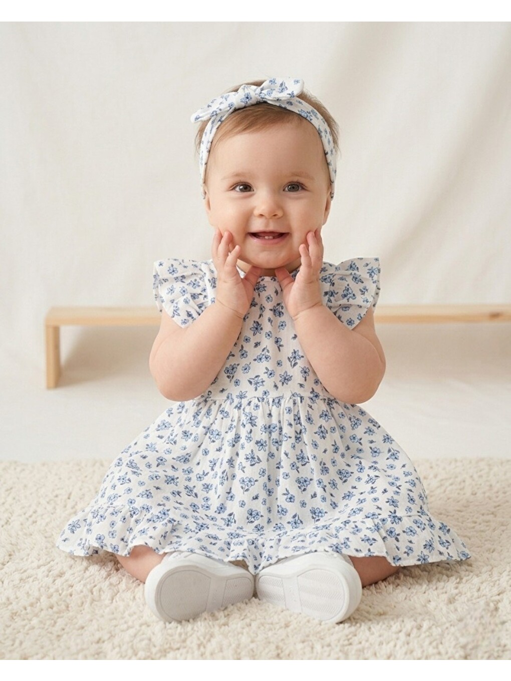 Mavi Kız Bebek Yazlık Bandanalı Çiçek Baskılı Müslin Elbise, 6-9-12-18-24 Aylık Bayramlık Keten Elbise-2
