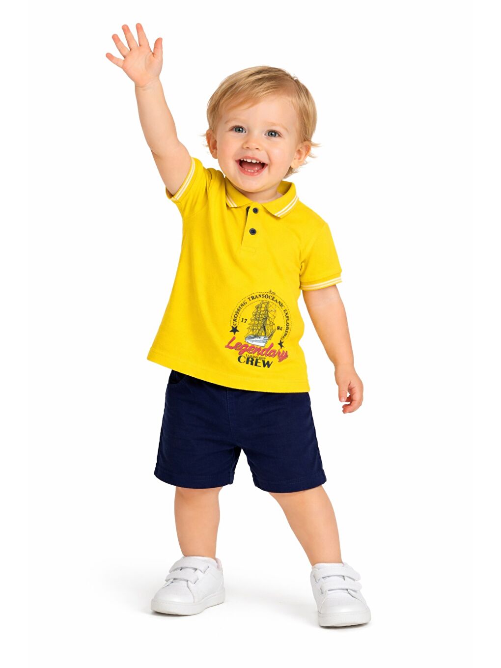 Sarı Erkek Bebek Polo Yaka Baskılı Tshirt Şort Yazlık Takım-1