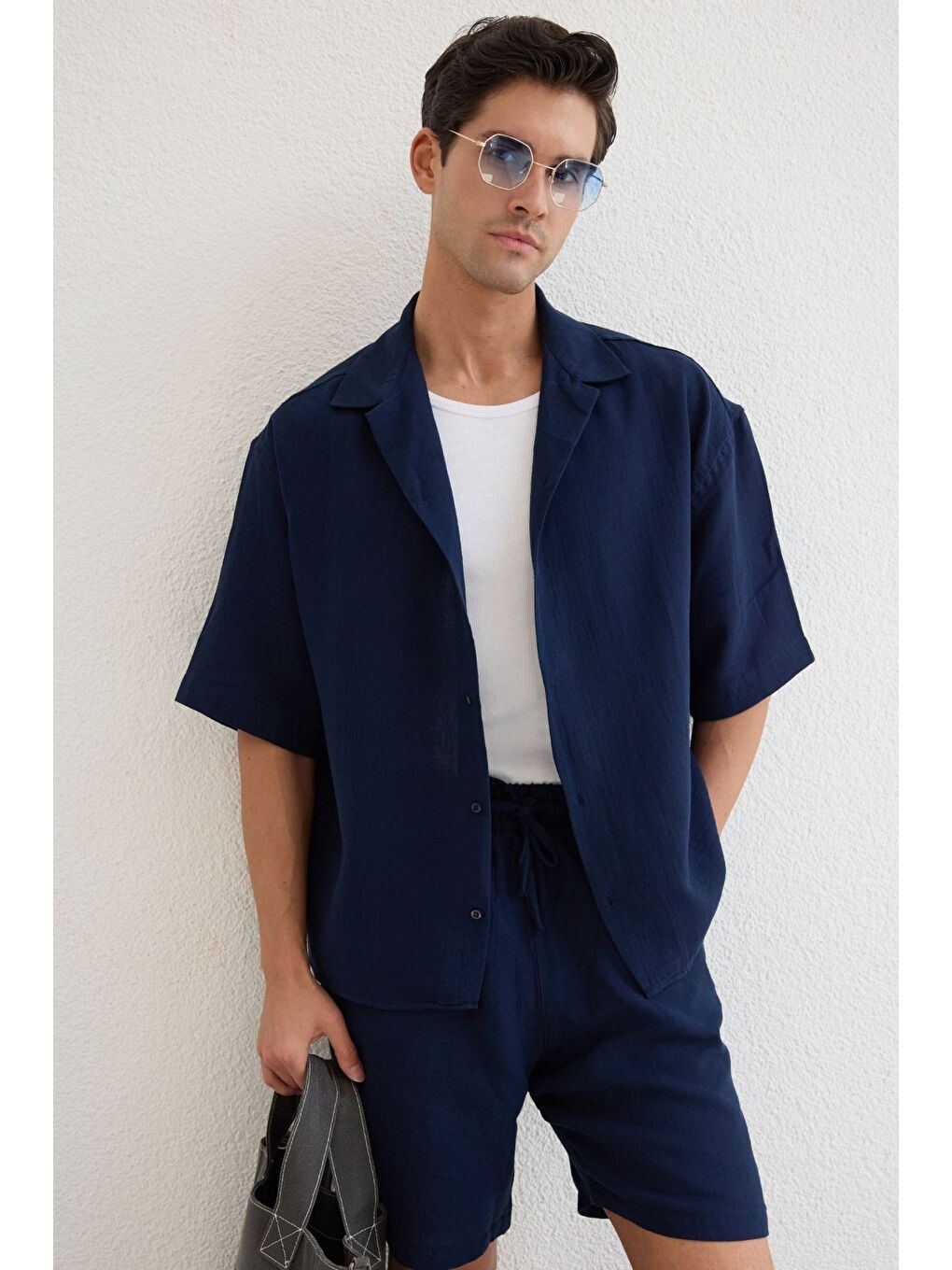 Lacivert Xar Erkek Oversize Müslin Şort Gömlek Takım %100 Pamuk Soft Feel-5