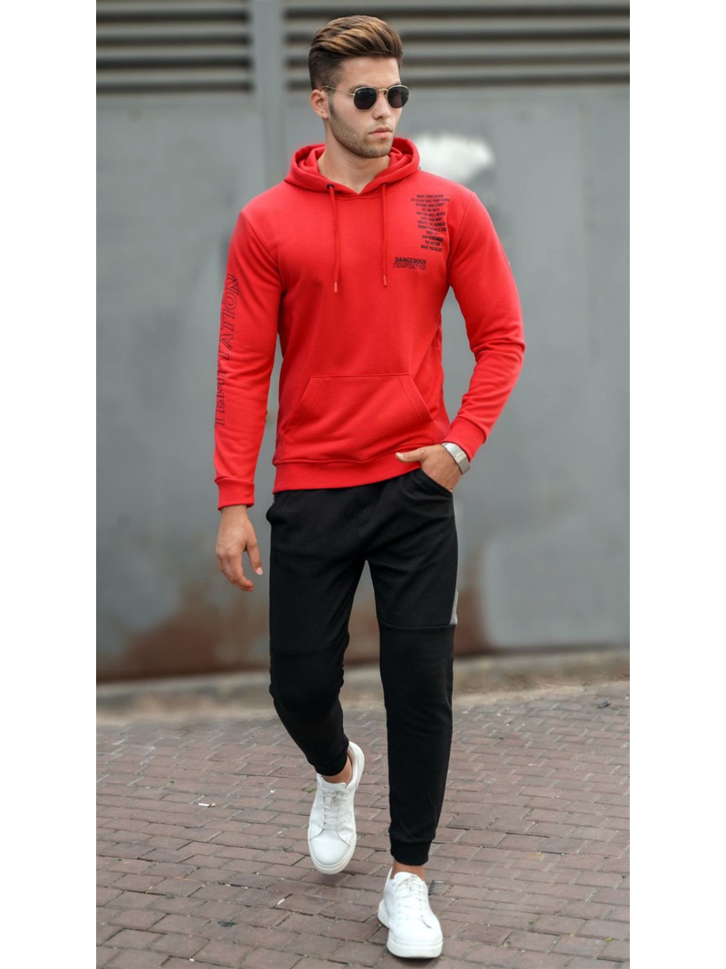 Kırmızı Baskılı Erkek Kapüşonlu Sweatshirt Hoodie 5313-1