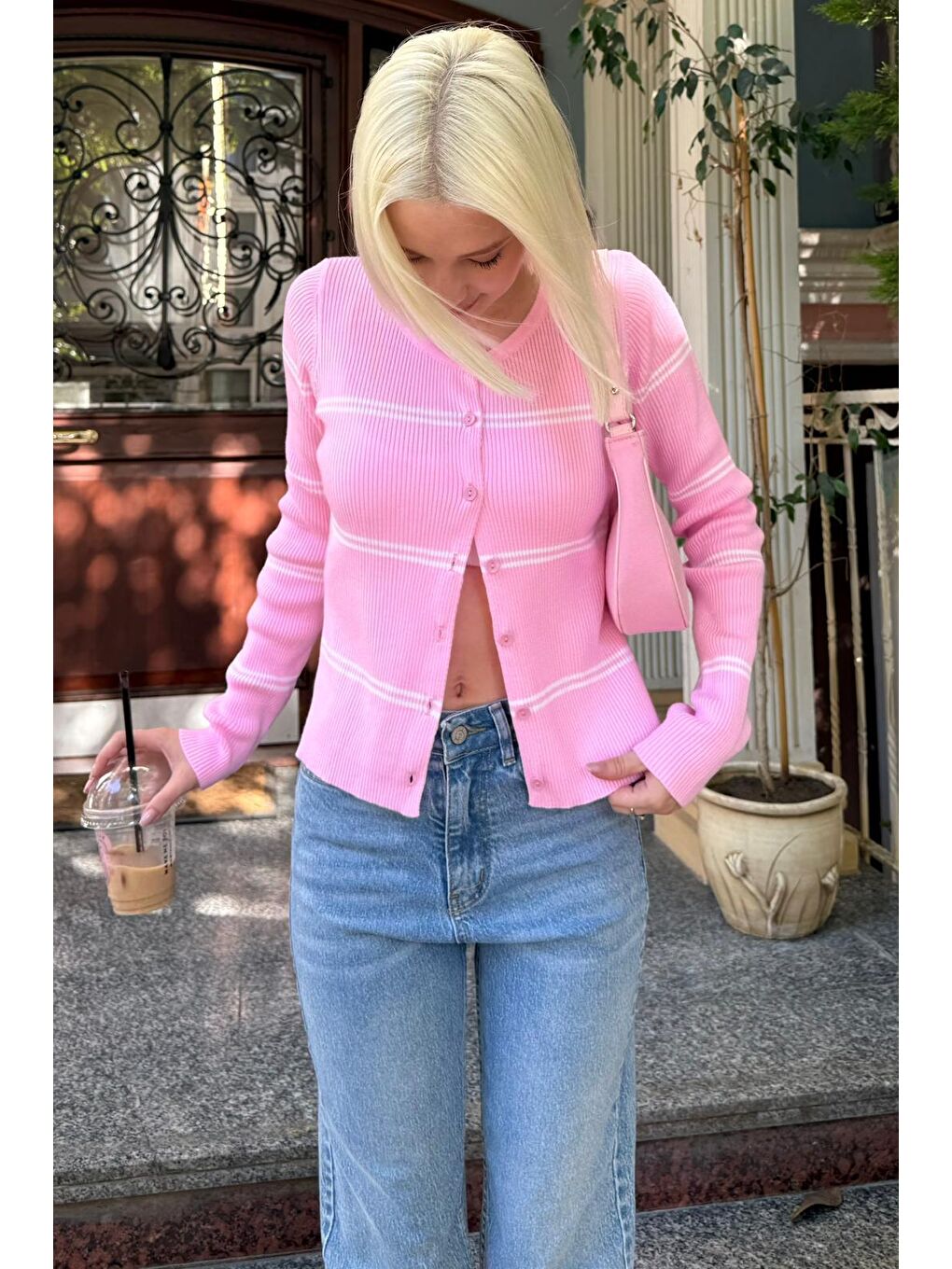 Pembe Çizgili Kadın Triko Hırka Mg2481-1