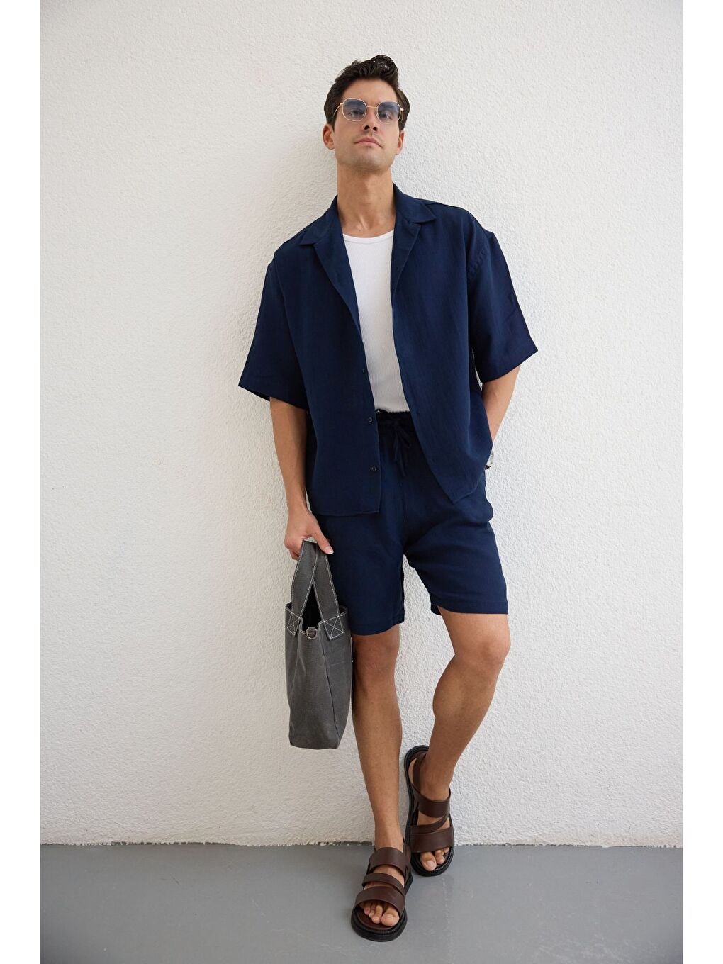 Lacivert Xar Erkek Oversize Müslin Şort Gömlek Takım %100 Pamuk Soft Feel-6