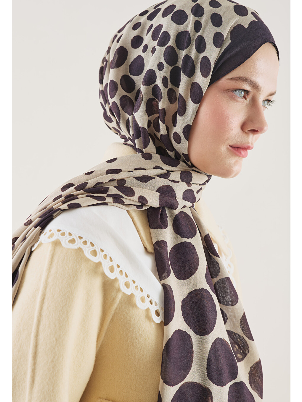 Polka Dots Desen Rami Şal Mürdüm-2