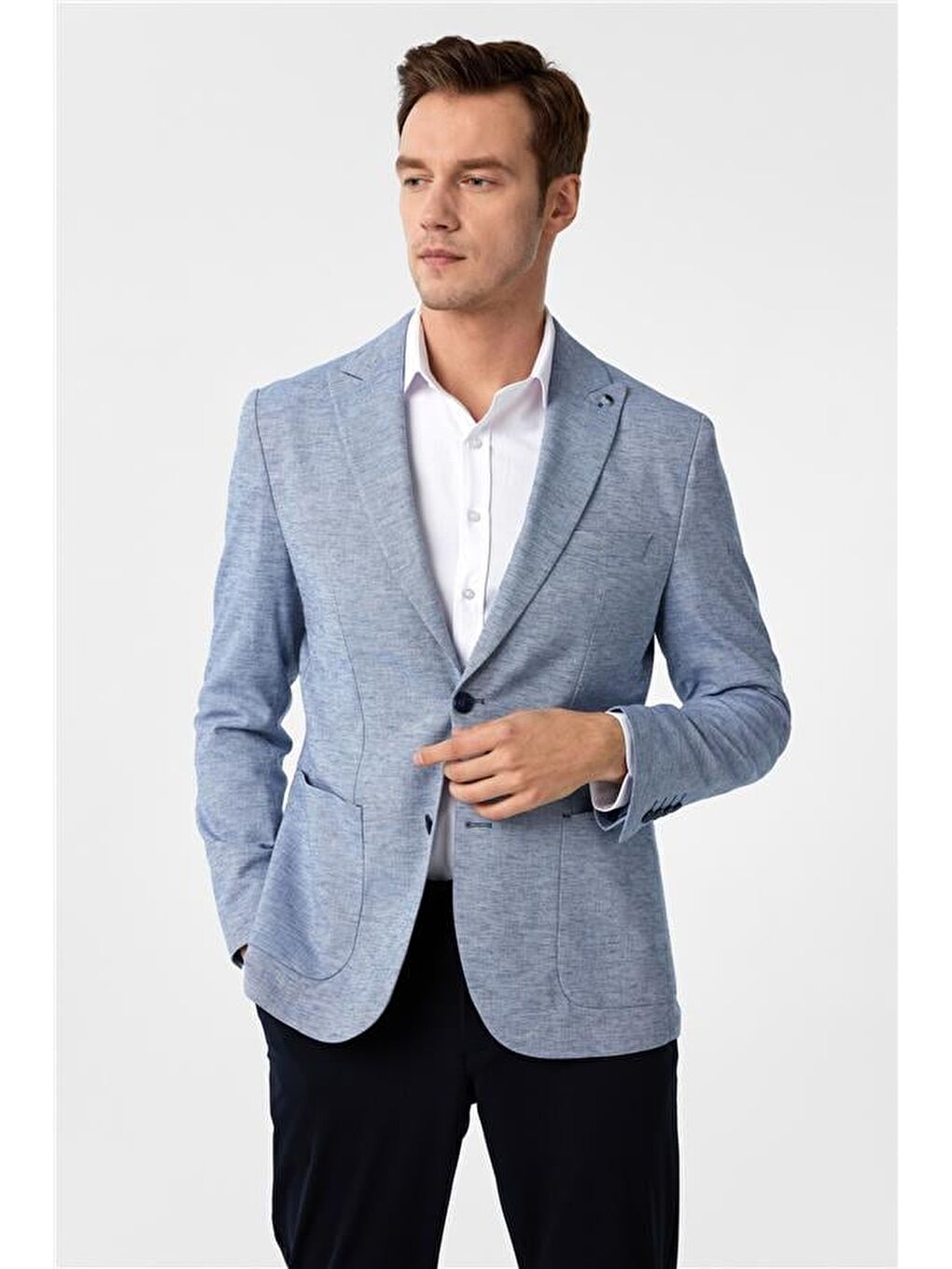 Saks Mavi Slim Desenli Sivri Yaka 6 Drop Ceket-1