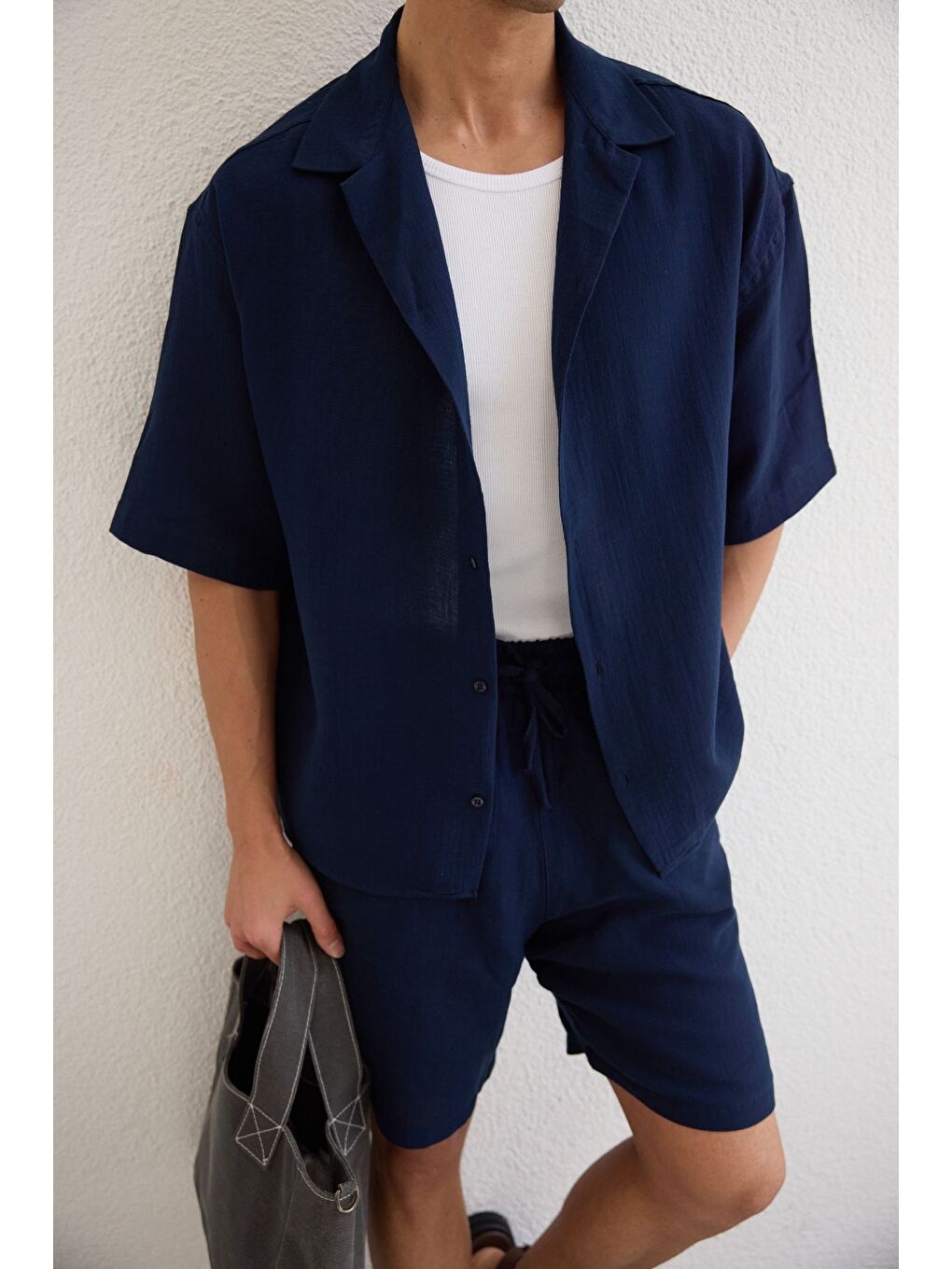 Lacivert Xar Erkek Oversize Müslin Şort Gömlek Takım %100 Pamuk Soft Feel-7
