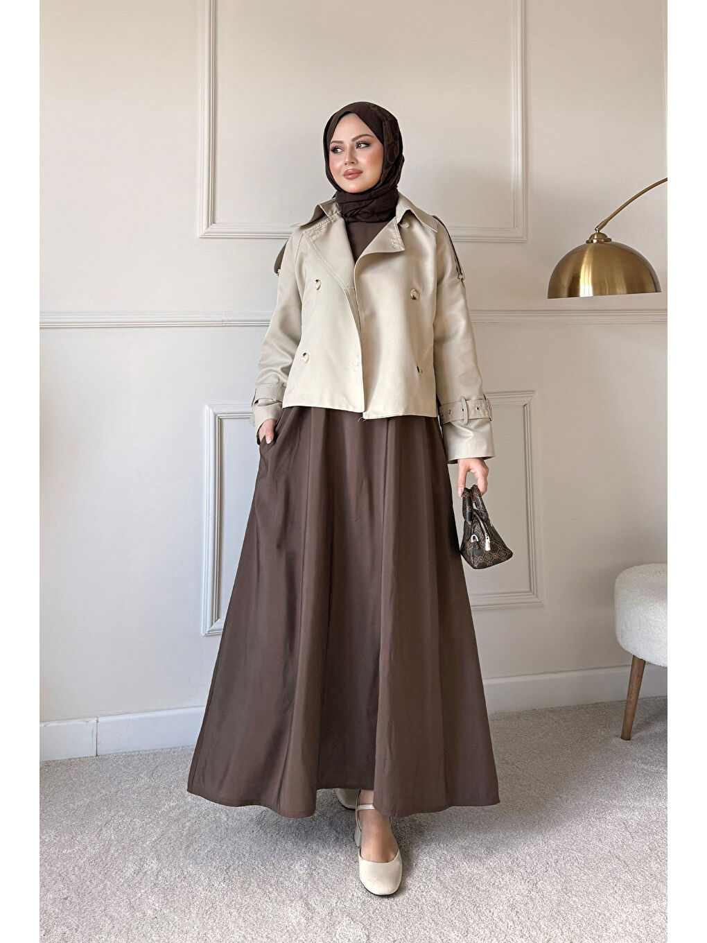 Kadın Sıfır Kol Elbise İçlik Kahverengi