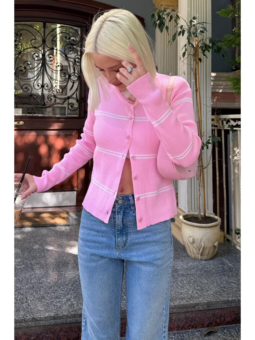 Pembe Çizgili Kadın Triko Hırka Mg2481-2