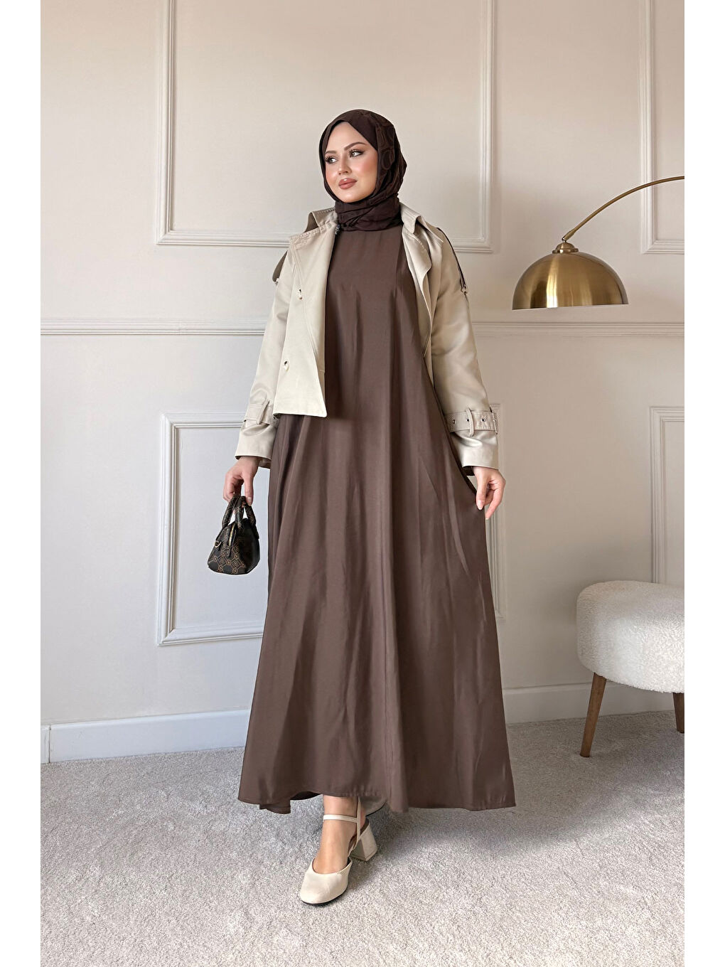 Kadın Sıfır Kol Elbise İçlik Kahverengi-1