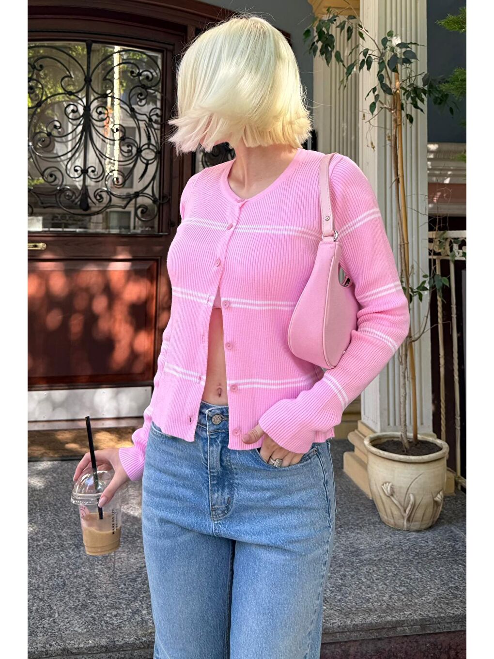 Pembe Çizgili Kadın Triko Hırka Mg2481-3