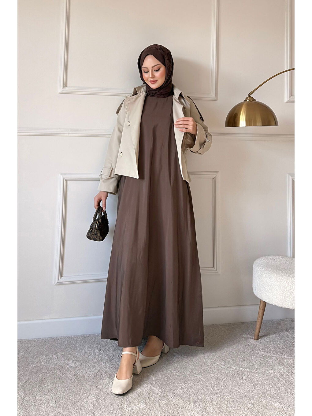 Kadın Sıfır Kol Elbise İçlik Kahverengi-2