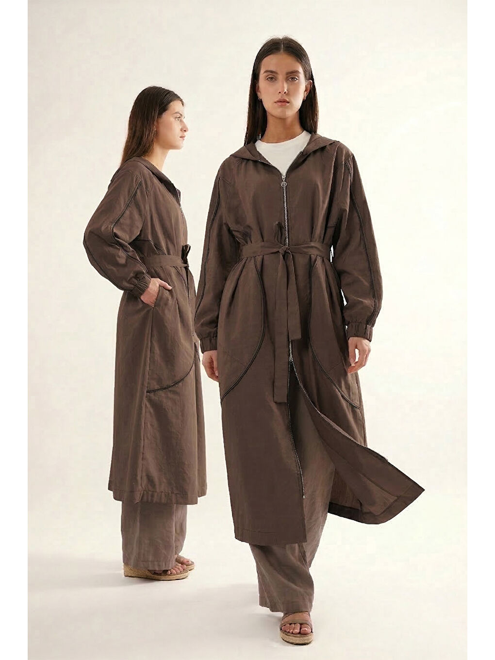 Kolu ve Önü Fermuar Detaylı Kapüşonlu Safari Kap Ceket 816 Kahverengi