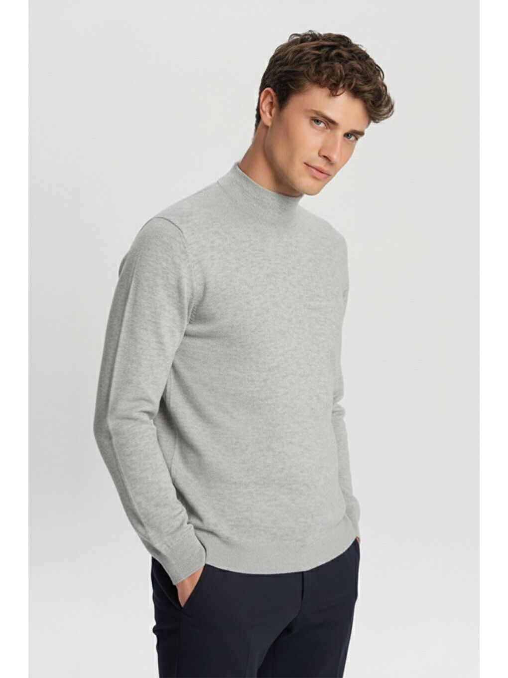 Gri Regular Fit Pamuklu Yarım Balıkçı Yaka Erkek Triko Kazak-2