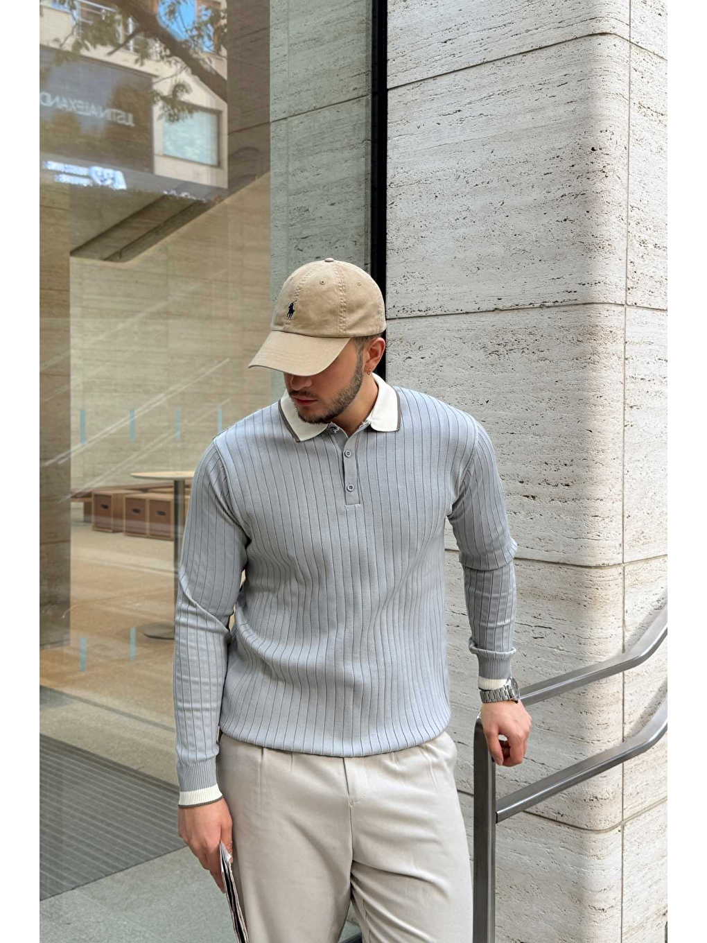 Gri Luzi Çizgi Desenli Polo Yaka Premium Erkek Triko Kazak