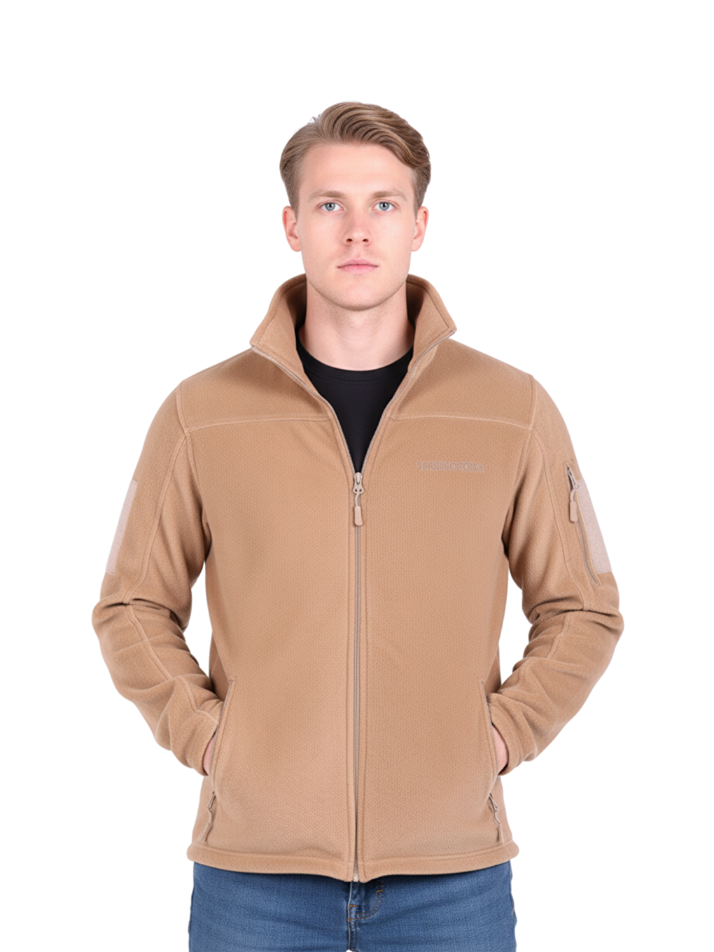 Bej Erkek Polar Dik Yaka Fermuarlı Sweatshirt