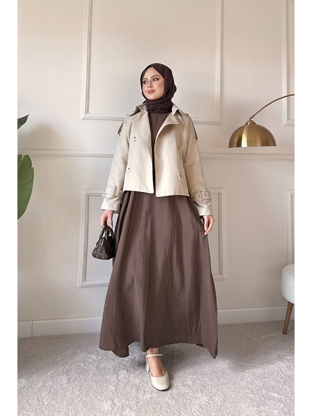 Kadın Sıfır Kol Elbise İçlik Kahverengi-4