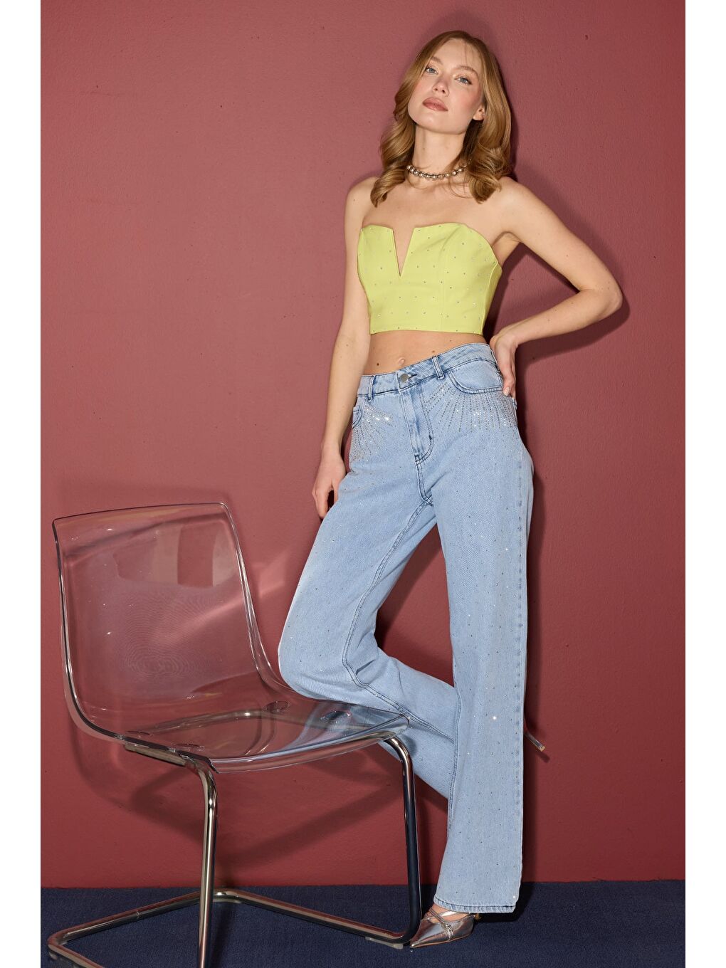 Mavi Taşlı Yüksek Bel Jean