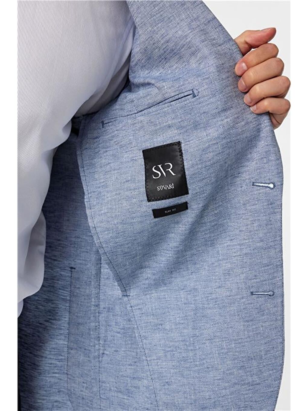 Saks Mavi Slim Desenli Sivri Yaka 6 Drop Ceket-5