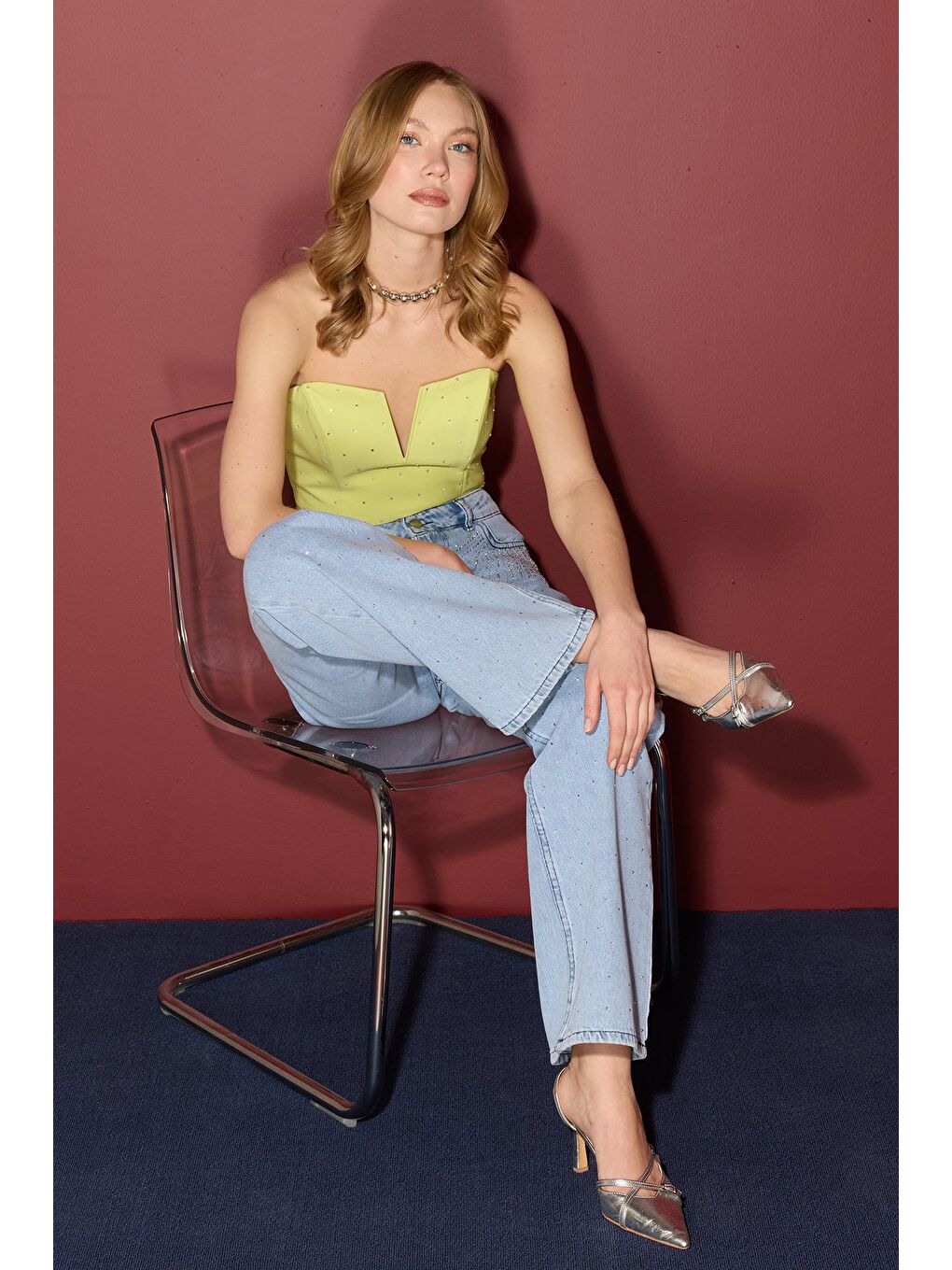 Mavi Taşlı Yüksek Bel Jean-1